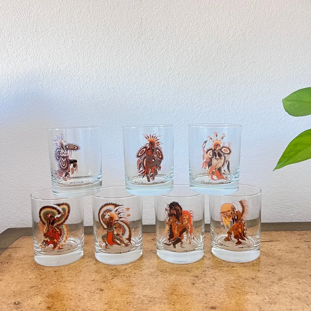 Vintage Rare Woody Crumbo Native American Indian Clear Glasses Set of 7‎